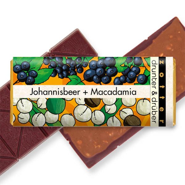 Čokoláda z makadamových ořechů a černého rybízu 70g BIO Zotter