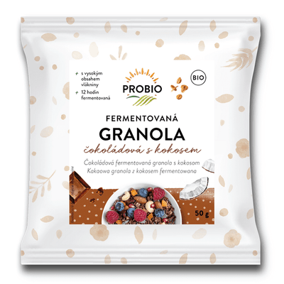 Granola fermentovaná čokoládová s kokosem jednoporcová 50g Bio PROBIO